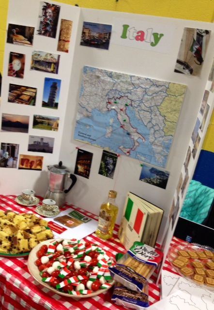 Italy Booth at the Norfeldt International Fair. Submitted photo Italy International Day Ideas, International Day At School Ideas Italy, Geography Fair Display, Italy Display Board, Booth For School Fair, Italy Day At School, International Fair School, Italy World Thinking Day Ideas, Italy School Project