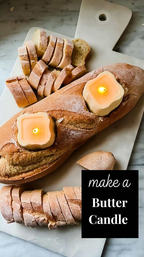 On trend for the holidays: Make a butter candle with or without garlic! It's easy and your guests will love the idea! Garlic Bread Candle, Bread With Butter Candle, Garlic Butter Candle Recipe, Garlic Butter Candle, Butter Candle Appetizer, Edible Candles, Butter Candle, Butter Boards, Easy Garlic Butter