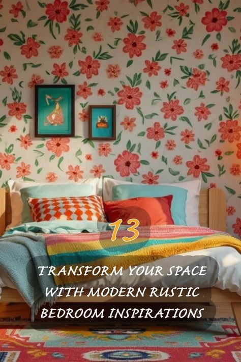 I'm in love with this vibrant modern rustic bedroom! The floral wallpaper and playful textiles create a cheerful and inviting atmosphere. 🌼✨ Check out my top 13 tips to infuse your space with color and personality, making it a true reflection of your style. Modern Rustic Bedroom Ideas, Rustic Bedroom Design Ideas, Rustic Glam Bedroom, Eclectic Boho Bedroom, Rustic Bedroom Inspiration, Modern Rustic Bedroom, Hollywood Regency Bedroom, Modern Rustic Bedrooms, Rustic Bedroom Ideas