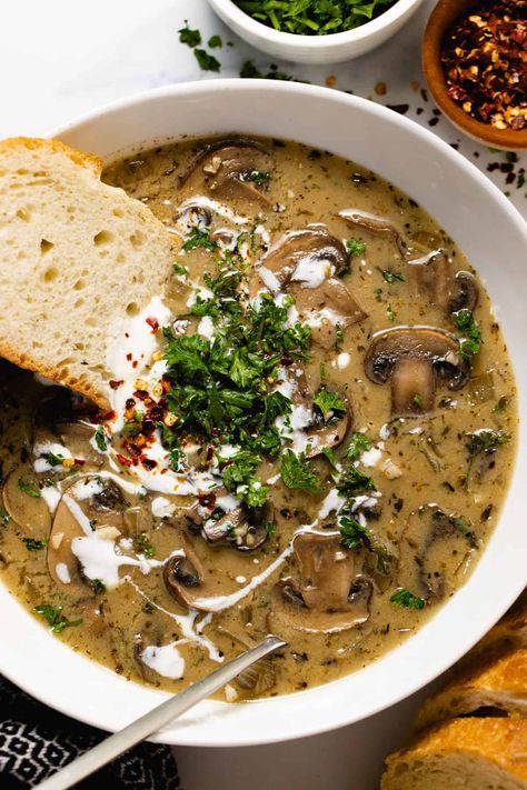 30 Minute One Pot Creamy Vegan Mushroom Soup Easy Vegan Mushroom Soup, Mushroom Veggie Soup, Non Dairy Mushroom Soup, Vegetarian Cream Of Mushroom Soup, Vegan Cream Of Mushroom Soup Recipes, Vegan Mushroom Soup Recipes, Mushroom And Leek Soup, Crockpot Mushroom Soup, Mushroom Soup Recipes Healthy