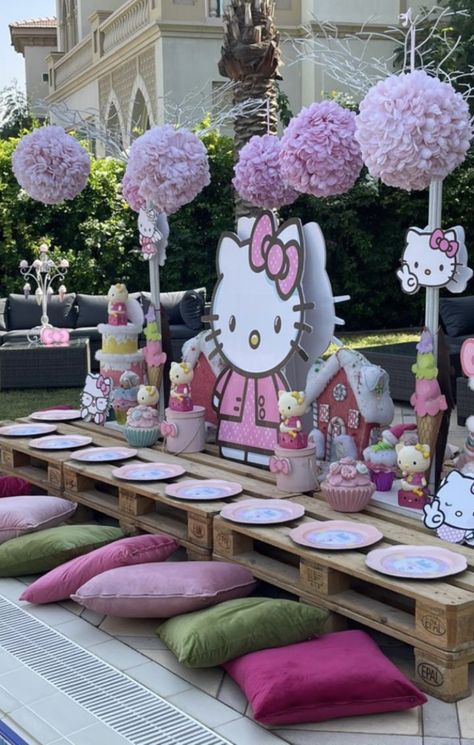 Hello Kitty Sleepover, Hello Kitty Pool Party, Hello Kitty Birthday Decorations, Birthday Deco, Pink Sweet 16, Hello Kitty Birthday Party, Birthday Goals, Party Setup, Birthday Inspo