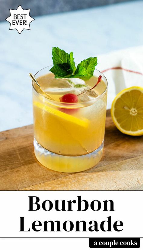 Bourbon lemonade is a perfect summer drink! Make fresh squeezed lemonade and swirl it with whiskey for a spicy finish. #bourbon #lemonade #bourbonlemonade #bourbonlemonadecocktail #lemonadecocktail #summerdrink Limoncello Bourbon Cocktails, Bourbon Lemonade Pitcher, Lemon Whiskey Cocktail, Lemon Bourbon Cocktail, Whiskey Lemonade Cocktail, Summer Bourbon Drinks, Bourbon Mixed Drinks, Bourbon Lemonade, Lemonade Cocktail Recipe