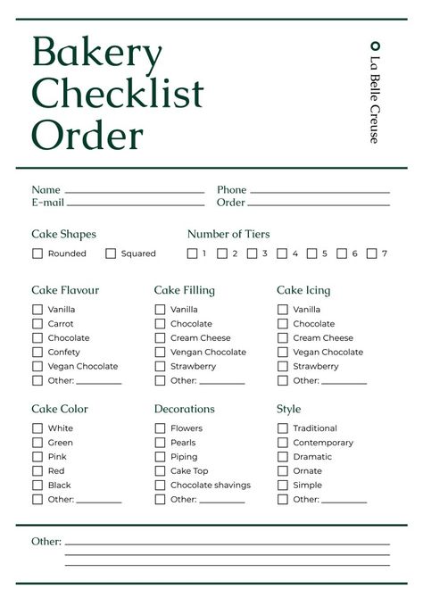 Elegant La Belle Creuse Bakery Order Checklist Trending Bakery Items, Bakery Ideas Business, Home Baking Business Ideas, Home Bakery Supplies, Baking Buissnes, Bakery Business Ideas, Bakery Menu Ideas, Bakery Start Up Small Businesses, Home Based Baking Business Ideas