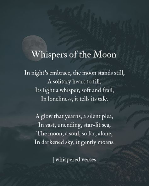 Embracing the solitude of the night, where the moon’s whispers touch the soul. 🌙✨ #LonelyMoon #NightWhispers #Poetry #MoonlightMagic #Solitude #PoetryOfTheNight #like #follow #share #comment #instagram #moon #darknight #poetsociety #writersofinstagram #poetcommunity #writerscommunity #poeticreveries_ Moon Poems Poetry, Poetry Night, Moon Poems, Night Poem, Night Whispers, Moon Light, Night Aesthetic, Dark Night, Music Quotes