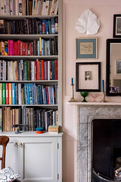 Small Pink Living Room With Alcove Bookcase Bookshelf Ideas Living Room, Ben Pentreath, Marble Fireplace Surround, British Interior, Pink Living Room, London House, Marble Fireplaces, Small Flat, Pink Walls