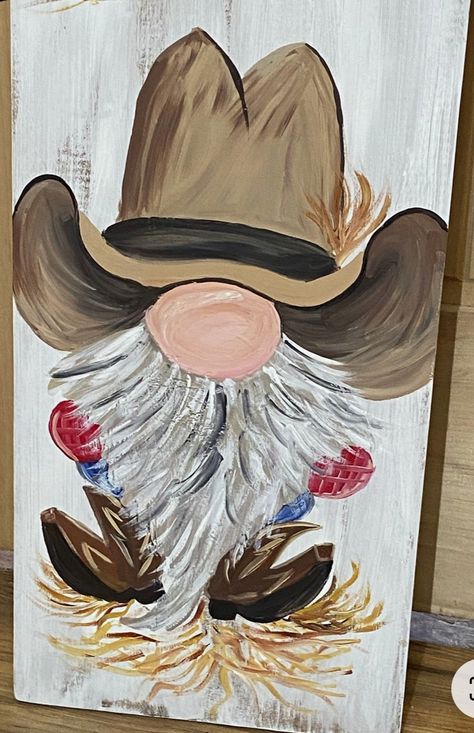 Painted Gnomes On Canvas, Rustic Gnomes Diy, Cowboy Gnome Painting, Gnomes Paintings Canvas, Rustic Canvas Painting Diy, Gnome Paintings On Wood, Hand Painted Gnomes, Summer Gnomes Painting, Painting Gnomes On Wood