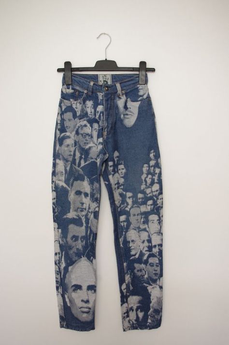 90s Jean Paul Gaultier Clothing Diys, Painted Pants, Funky Jeans, Jean Ideas, Vintage Haute Couture, Artsy Aesthetic, Custom Jeans, Denim Patterns, Painted Clothes