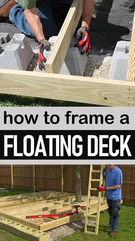 Building A Deck Frame, Floating Deck Plans, Ground Level Deck, Deck Building Plans, Building A Floating Deck, Deck Steps, Floating Deck, Wooden Deck, Deck Designs Backyard