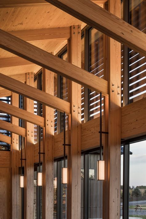 Aron Himmelfarb extends brewery with Corten-steel tasting room Mass Timber Construction, Glulam Architecture, Glulam Structure, Glulam Roof, Timber Roof Structure, Glulam Beams, Hudson Valley New York, Butterfly Roof, Custom Light Fixtures