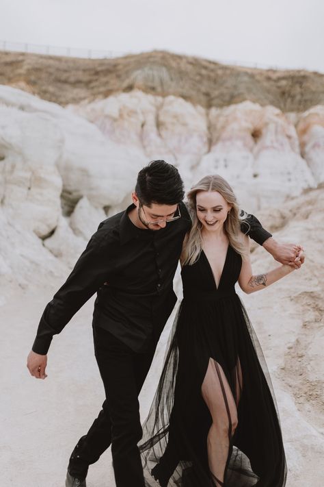 Black Engagement Outfits, Painted Mines Engagement Photos, Engagement Photos With Black Dress, Black Dress Engagement Photos Classy, Black Engagement Photos Outfits, Black Outfit Couple Photoshoot, Black Dress Couple Photoshoot, All Black Engagement Photos, Black Engagement Dress