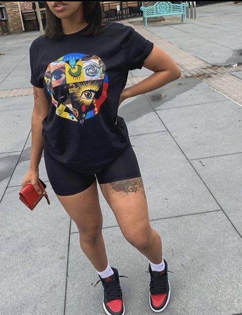 Biker Shorts Outfit Baddie, Black Biker Shorts Outfit Baddie, Outfits With Black Shorts Black Women, Sweat Shorts Outfit Black Women, Shorts And Jordans Women, Outfits With Shorts Black Women, Jordan Shorts Outfits Women, Biker Shorts Outfit Black Women, Graphic Tee Biker Shorts Outfit