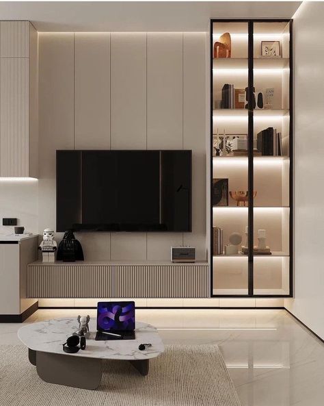 Glass Tv Unit, Tv Cabinet Design Modern, Crockery Cabinet Design, Living Room Wall Units, Tv Unit Interior Design, Modern Tv Units, Wall Tv Unit Design, Home Hall Design, Tv Room Design