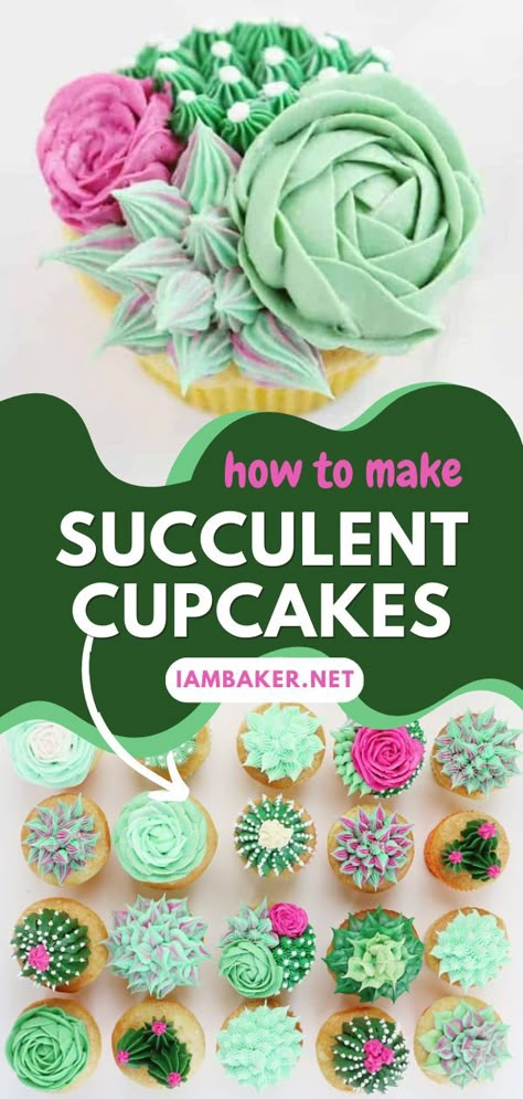 Succulent Cupcakes Diy Easy, Succulents Cupcakes Diy, Succulent Plant Cupcakes, Succulents Birthday Cake, Succulent Theme Birthday Party, How To Make Cactus Cupcakes, Succulent Cookie Cake, Succulent Frosting Tutorials, Succulent Cupcakes Easy