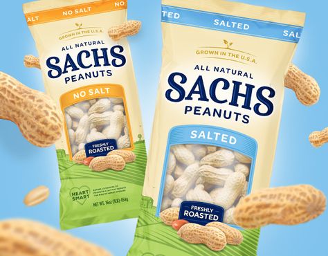 SACHS PEANUTS Sachs Peanuts offers a full line of natural and wholesome in-shell peanut products. Their proud tradition of farming, milling and roasting peanuts dates back more than a century. SixAbove worked with Sachs Peanuts, redesigning their branding and packaging… Peanut Packaging Design, Peanuts Packaging Design, Peanuts Packaging, Peanut Packaging, Nuts Photography, Peanut Snacks, Nuts Packaging, Chip Packaging, Glass Shelves Decor