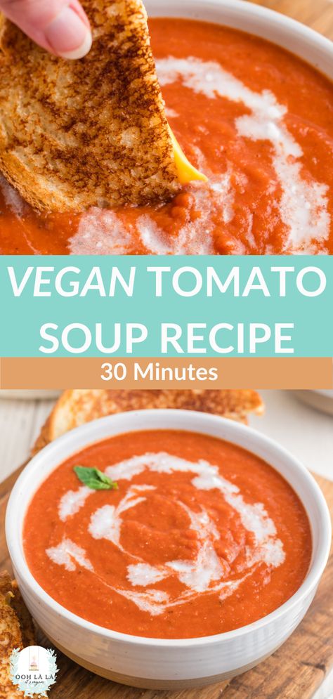 This is a vegan tomato soup recipe that's healthy, delicious and so easy to make. Pair with a vegan grilled cheese sandwich and you have an awesome vegan lunch or vegan dinner recipe. This vegan soup recipe is thick and creamy and made with canned tomatoes. Takes only 30 minutes to make with few ingredients. Your family and friends will love, love, love it! Canning Vegan Soup Recipes, Vegan Tomato Bisque, Vegan Mediterranean Recipes, Vegan Tomato Soup Recipe, Tomato Soup Vegan, Vegan Grilled Cheese, Homemade Tomato Soup Recipe, Vegan Tomato Soup, Vegan Crockpot