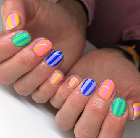 Easy Colorful Nail Designs, Funky Nail Inspo Short, Fun Pattern Nails, Danish Nails, Colourful Nail Ideas, Super Short Nail Ideas, Subtle Pride Nails, Party Nail Art, Colourful Nails