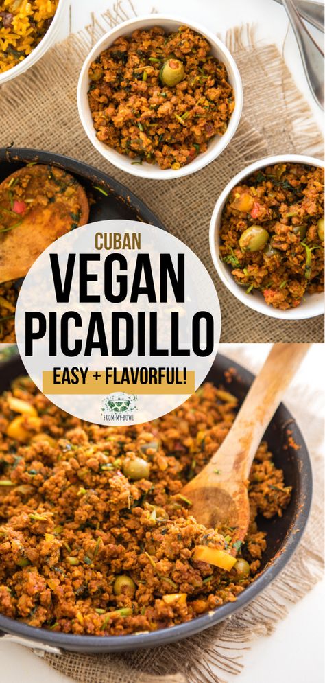 Vegan Picadillo Recipe, Vegetarian Cuban Recipes, Vegan Cuban Recipes, Vegetarian Picadillo, Vegan Picadillo, Picadillo Recipe, Vegan Ground Beef, Cuban Dishes, Vegan Beef