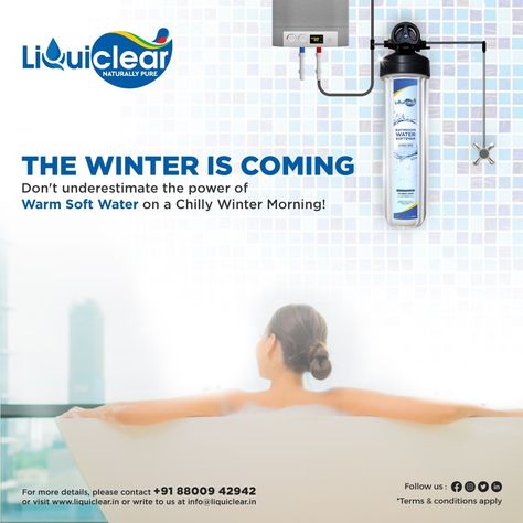 This winter bid goodbye to your morning woes and enjoy a soothing warm bath in soft water with Liquiclear's advanced bathroom water softeners. Contact us: 8800942942 #Liquiclear #LDI #Bathroomwatersofteners #watersoftener Water Softeners, Water Poster, Solar Water Heater, Water Effect, Safe Water, Best Water, Filtered Water, Soft Water, Water Softener