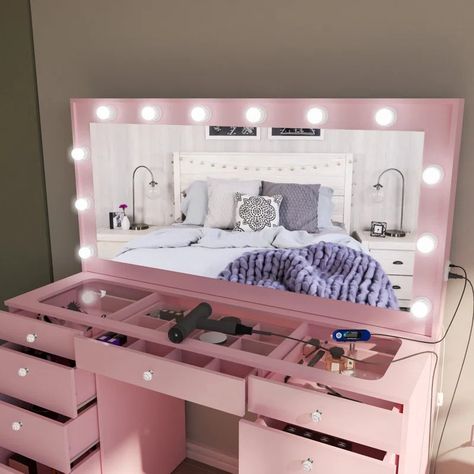 Boahaus LLC Boahaus EXTRA-LARGE Makeup Vanity with Lights, 11 Drawers, Large Mirror, Built In Lights, Power Outlet, Glass Top & Reviews | Wayfair Vanity With Lights, Tv Stand Kitchen, Makeup Vanity Lighting, Linen Cabinets, Kitchen Wall Cabinets, Bookcase Desk, Bedroom Armoire, Kitchen Stand, Glam Room