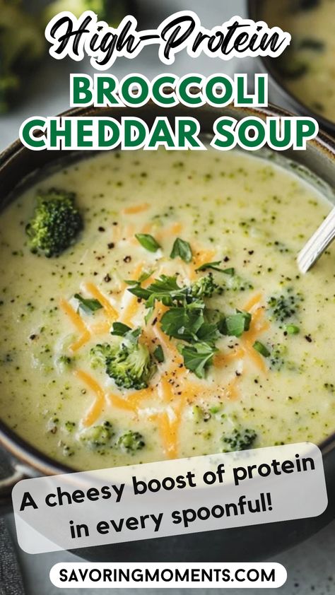 Protein-Packed Broccoli Cheddar Soup This broccoli cheddar soup is loaded with creamy cheese and extra protein to keep you full and fueled all day. A healthy take on a cozy classic, it’s perfect for busy weeknights or meal prepping. Hungry? Click for the full recipe! #broccolicheddarsoup #highprotein #healthyrecipes #souptime #comfortfood #easylunch #mealpreprecipes #cheesysoup #proteinrich #soupseason Healthy Brocolli Cheddar Soup, Low Cal Broccoli Cheese Soup, Cheddar Broccoli Soup Healthy, Clean Broccoli Cheese Soup, Broccoli Cheddar Soup With Cream Cheese, Broccoli Cheese Orzo Soup, Broccoli Soup No Cheese, High Protein Broccoli Soup, Broccoli Cheese Soup Gluten Free