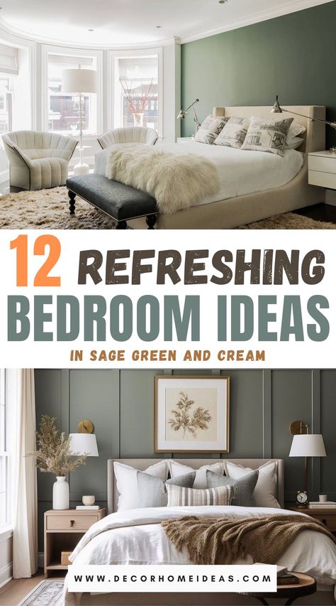 Best Sage Green and Cream Bedroom Ideas Green And Cream Bedroom Ideas, Sage Green And Cream Bedroom, Green And Cream Bedroom, Calming Color Schemes, Cream Bedroom Ideas, Sage Bedroom, Cream Bedroom, Dark Brown Furniture, Sage Green And Cream