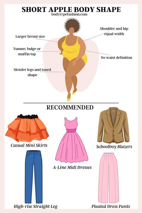 How to Dress the Short Apple Body Shape - Fashion for Your Body Type How To Dress Your Proportions, Apple Body Shape Workout, How To Dress Apple Shape, Apple Body Outfits, Apple Shape Exercise Workouts, Jeans According To Body Shape, Apple Body Clothes, Style Tips And Tricks For Apple Shape, Apple Body Shape Clothes