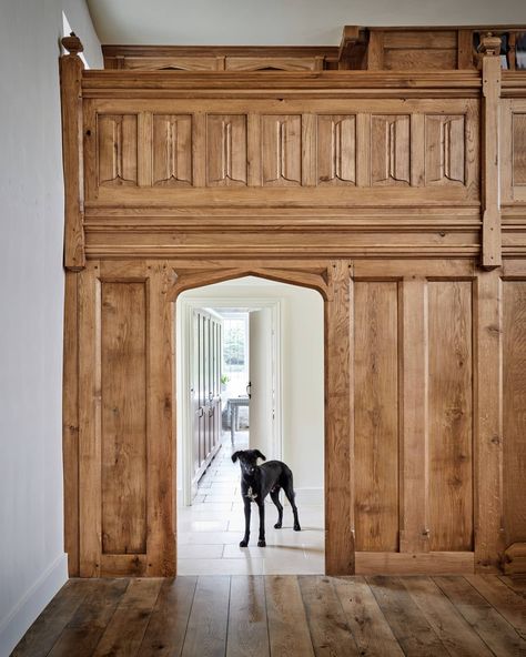 Tudor Architecture Interior, Arch Panelling, Tudor Paneling, Tudor Interior, Oak Panelling, Cottage Core House, Storybook House, Carpentry And Joinery, Chalet Interior