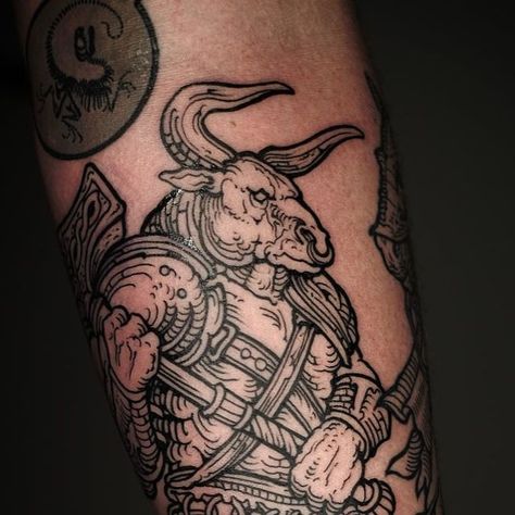 𝔅𝔦𝔩𝔩𝔶 𝔅𝔢𝔯𝔫𝔢𝔯𝔱 on Instagram: "Minotaur, thanks again for dropping by. _________________________ Contact: sulphurtattoo@web.de  #minotaur #minotaurus #minotaurtattoo #greekmythology #mythologytattoo #woodcuttattoo #engravingtattoo #sulphurtattoo #darkart #lineart #medievaltattoo" Minotaur Tattoo Design, Billy Bernert, Minotaur Tattoo, Bull Tattoo, Woodcut Tattoo, Medieval Tattoo, Engraving Tattoo, Bull Tattoos, Full Arm Tattoos