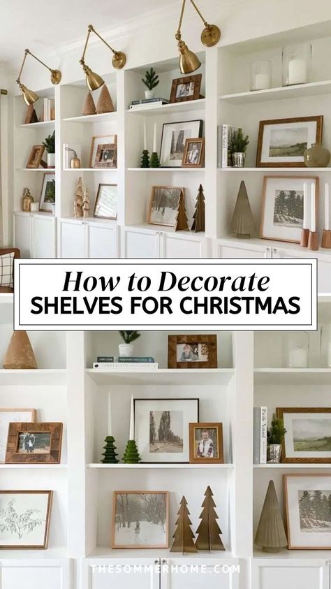 Get inspired with our Christmas Bookshelf Styling Ideas and easily copy these Wall Shelves Christmas Decor concepts. Discover Winter Bookshelf Styling and Xmas Shelf Decorations that add a touch of holiday magic to any space with style and simplicity. Christmas Bookcase Decorating Ideas, How To Decorate Shelves For Christmas, Christmas Bookshelf Decorating Ideas, Bookshelf Christmas Decor, Shelves Christmas Decor, Winter Bookshelf, Christmas Shelf Styling, Bookshelf Styling Ideas, Decorating Built Ins