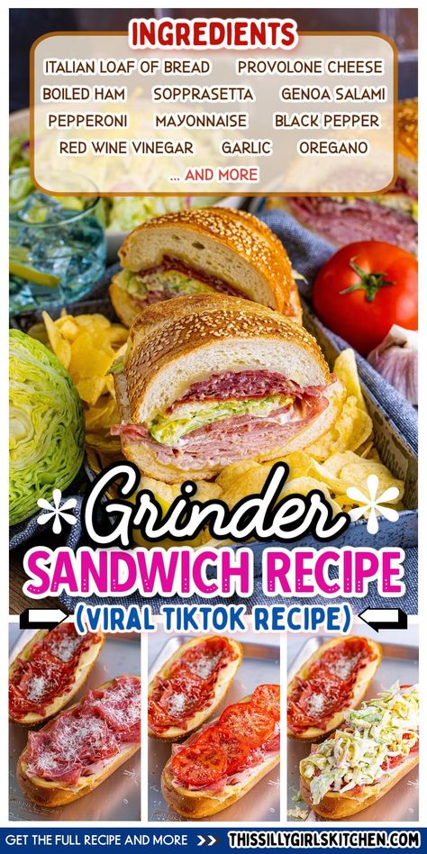 This delicious grinder salad gets slathered into one delicious sandwich. All that crunchy lettuce, fresh garlic, mayo, pepper… It’s all just amazing. It’s perfect for a weekend lunch, game day, or any day you crave something hearty and satisfying. Jump right into putting together this fantastic Grinder Sandwich Recipe! Tik Tok Grinder, Grinder Sandwich Recipe, Italian Grinder Sandwich, Italian Grinder, Grinder Salad, Pizza Sandwich Recipe, Grinder Sandwich, Mom Breakfast, Weekend Lunch