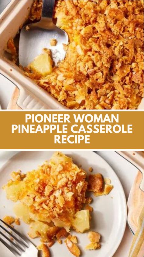 Pioneer Woman Pineapple Casserole recipe features pineapple chunks, sugar, flour, cheddar cheese, butter, and crushed Ritz crackers. It takes about 25-30 minutes to bake until golden and bubbly, offering a sweet and savory dish perfect for gatherings. Pineapple Casserole Recipe, Thanksgiving Sweet Potato Casserole, Pioneer Kitchen, Ritz Cracker Recipes, Pineapple Casserole, Thanksgiving Casserole, Sweet Potato Thanksgiving, Baked Pineapple, Pineapple Chunks