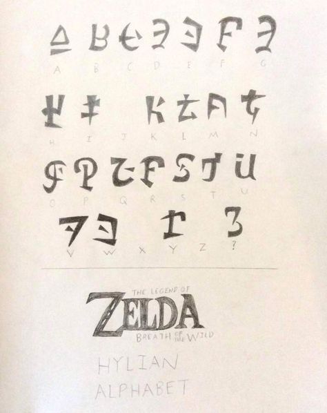 Legend of Zelda Breath of the wild Hylian alphabet by Cameron Samanie. Also that "?" Is an unknown letter, not the symbol for a question mark Hylian Alphabet Breath Of The Wild, Legend Of Zelda Alphabet, Breath Of The Wild Symbols, Zelda Alphabet, Hylian Alphabet, Gerudo Oc, Zelda Symbols, Zelda Party, Fictional Languages