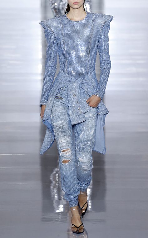 Long-Sleeve Strass Denim Top by BALMAIN for Preorder on Moda Operandi Balmain Biker Jeans, Balmain Denim, Rhinestone Outfit, Balmain Fashion, Balmain Collection, Alice Wonderland, Denim Fashion Women, Custom Jeans, Denim Ideas