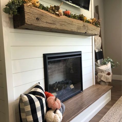 Update Fireplace Insert, Shiplap With Mantle, Fireplace Insert Wall Ideas, Fireplace Makeover Electric, Simple Mantles, Diy Fireplace With Mantle, Shiplap Fireplace With Wood Mantle, Chunky Mantle, Fireplace Mantle Ideas