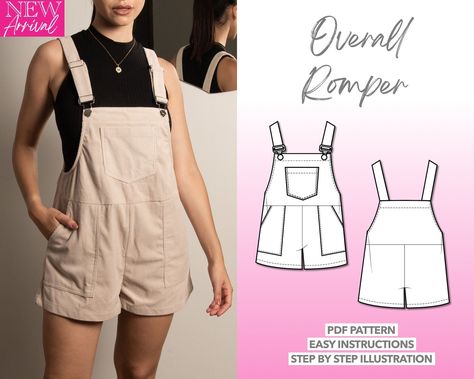 Nonbinary Sewing Pattern, Summer Clothing Patterns, Romper Sewing Pattern Women's, Overall Shorts Pattern, Cottagecore Sewing Pattern, Sewing Overalls, Women Romper Pattern, Overalls Diy, Overall Sewing Pattern