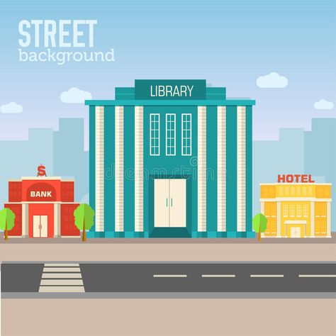 Library building in city space with road on flat royalty free illustration Library Drawing, Building Vector, Library Building, Street Background, City Library, Free Illustration, Vector Illustration Design, Free Illustrations, Design Illustration