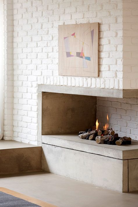 Fireplace Whitewash Brick Wall, Sunken Seating Area, Staircase Fireplace, Sunken Seating, Whitewashed Brick, Brick Fireplace Wall, White Brick Fireplace, Painted Brick Fireplace, Painted Brick Fireplaces