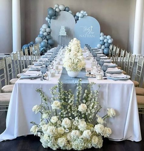 Blue Birthday Table Decorations, Baby Blue Table Setting, Blue Baby Shower Table Decor, Baby In Bloom Blue Shower Ideas, Blue Baptism Decorations, Baby Shower Table Decoration Ideas Boy, Baby Boy Shower Table Decor, Bautizo Ideas Boy Decoration, Baby Blue Decorations