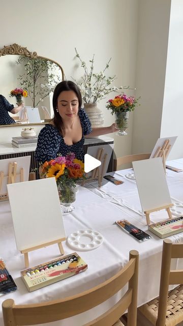 Carolina de Mauro on Instagram: "Let’s host a PAINT YOUR PARTNER dinner party 🎨👩🏻‍🎨 we NEVER had so much fun in one night! Comment “PAINT” and I’ll send you the links to shop everything we used, or click my link in bio  We set up the table with all the supplies, added some flowers and flameless candles for decor, and each couple brought a different appetizer. We laughed until our bellies hurt and the final reveals were EVERYTHING 🤣 guess who won worst of the night! Hahaha   #dinnerparty #dinnerpartyideas #dinnerparties #dinnerpartygoals #paintyourpartner #paintyourspouse #entertainingathome #entertaininstyle #partyideas" Paint Party Appetizers, Paint Night Table Set Up, Paint And Sip Table Decor, Sip And Paint Party Ideas Adults, Sip And Paint Table Set Up, Paint And Sip Table Set Up, Paint Your Partner Party, Hosting A Paint And Sip Party, Paint Your Spouse Night