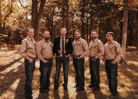 Boho Groomsmen Attire Jeans, Country Fall Wedding Groomsmen Attire, Tan Groomsmen Attire With Jeans, Western Groomsmen Attire Country, Groomsmen Attire Jeans And Boots, Western Groomsmen, Groomsmen Jeans, Tan Groomsmen, Fall Wedding Groomsmen