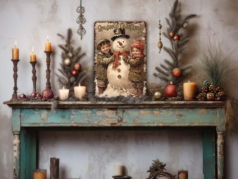 Victorian Christmas Decor - Primitive Vintage Style Metal Art Sign Mantle Decoration Farmhouse Rustic Indoor Outdoor Door Porch Snowman Kids Rustic Christmas Mantle Decor, Porch Snowman, Antique Modern Decor, Victorian Christmas Decor, Rustic Christmas Mantle, Primitive Christmas Decorating Ideas, Colonial Primitive Decor, Rustic Mantle, Vintage Christmas Sign