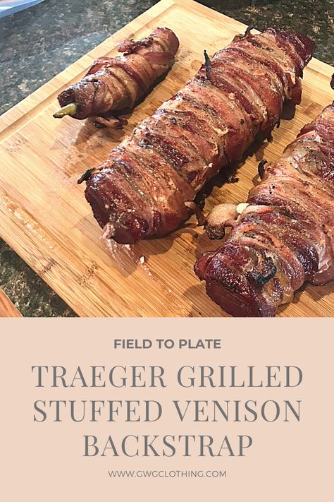 Traeger Grilled Stuffed Venison Backstrap Recipe | GWG Clothing You seriously can’t go wrong with this delicious venison recipe. Whether you cook it right at camp or once you get home, this dish will definitely leave you wanting more. #fieldtoplate #venison #recipe Bacon Wrapped Venison Backstrap, Stuffed Venison Backstrap, Bacon Wrapped Venison, Deer Backstrap Recipes, Stuffed Venison, Venison Backstrap Recipes, Smoked Venison, Backstrap Recipes, Ginger Glaze