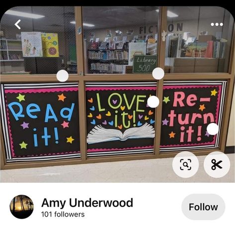 Library Circulation Desk Ideas Schools, School Library Window Decorations, School Library Reading Corner, Read It Love It Return It Bulletin Board, School Library Signs, Library Book Drop Ideas, Jr High Library Decorating Ideas, Diy School Library Decor, Elementary Library Decor Themes