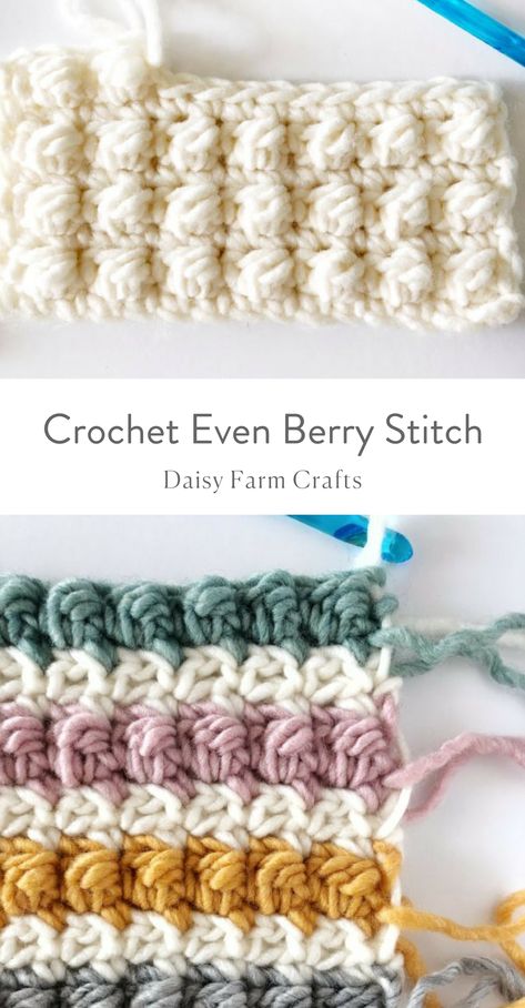 How to Crochet the Even Berry Stitch  #crochetpattern Pola Jaring, Berry Stitch, Crochet Stitches For Blankets, Crochet Stitches Free, Crochet Knit Stitches, Farm Crafts, Crochet Daisy, Crochet Simple, Crochet Stitches For Beginners