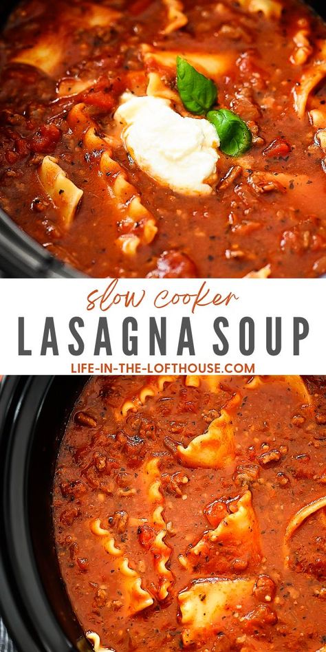 Slow Cooker Lasagna Soup is a hearty pasta soup that is best served with the ones you love. Slow Cooker Lasagne, Crockpot Lasagna Soup Recipe, Lasagne Soup, Slow Cooker Lasagna Soup, Lasagna Soup Crockpot, Easy Crockpot Soup, Easy Lasagna Soup, Fall Crockpot Recipes, Lasagna Soup Recipe