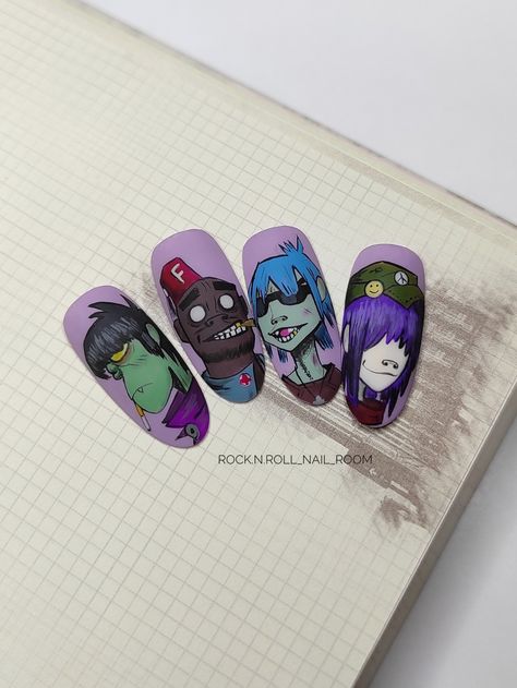 Gorillaz Nails, Hombre Nail, Cosplay Claws, 2000s Nails, Nails Cartoon, Idol Nails, Character Nails, Cartoon Nails, Band Nails