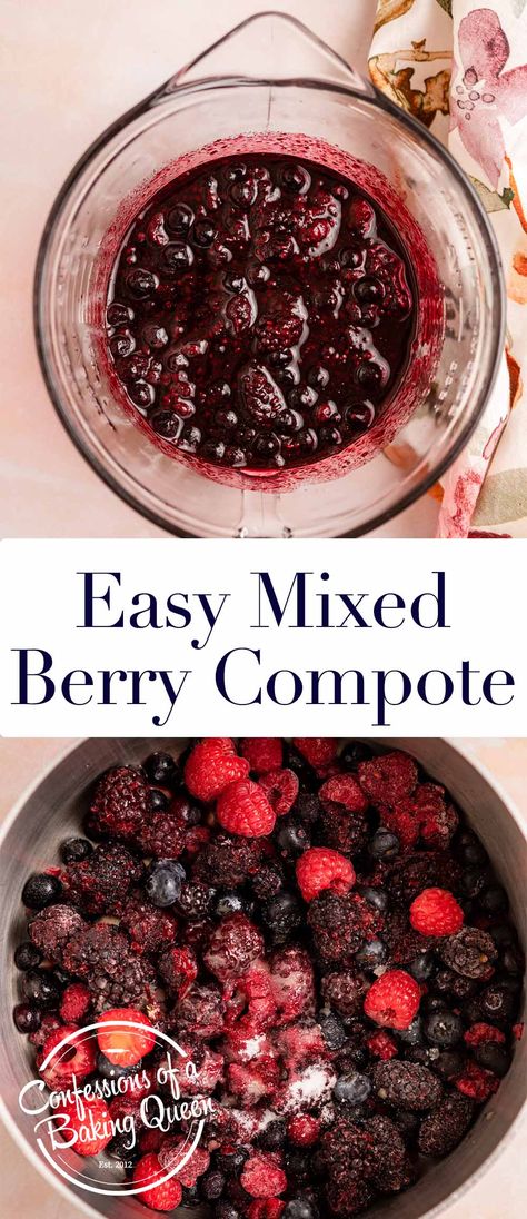 Three ingredients are all you need to make this delicious, versatile mixed berry compote. Grab some frozen berries, a bit of sugar, and fresh lemon juice and you will have the most delicious sauce perfect on top of cake, pancakes, cheesecake, trifle, and more! Triple Berry Compote, Frozen Berry Compote Recipe, Cheesecake Berry Topping, Fruit Compote For Cheesecake, Berry Topping For Pancakes, Cheesecake Fruit Topping, Berry Compote For Cheesecake, Fresh Fruit Topping For Cheesecake, Berry Compote For Pancakes