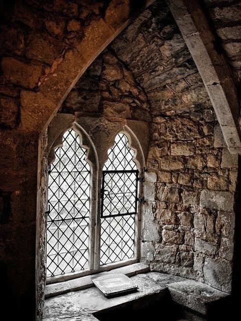 beautiful gothic leaded glass window and window seat, stone Castle Window, Medieval Aesthetic, Chateau Medieval, Beautiful Windows, Gothic Architecture, Old Stone, Medieval Castle, Medieval Fantasy, Stained Glass Windows