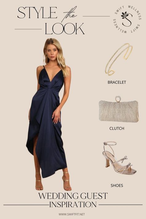 Summer Wedding Guest Outfit Ideas - Blue Satin Navy Blue Wedding Guest Dress, Semi Formal Cocktail Dress, Summer Wedding Guest Outfit, Wedding Guest Outfit Ideas, Wedding Guest Outfits, Cocktail Dress Wedding Guest, Colour Pallets, Wedding Thanks, Afternoon Wedding