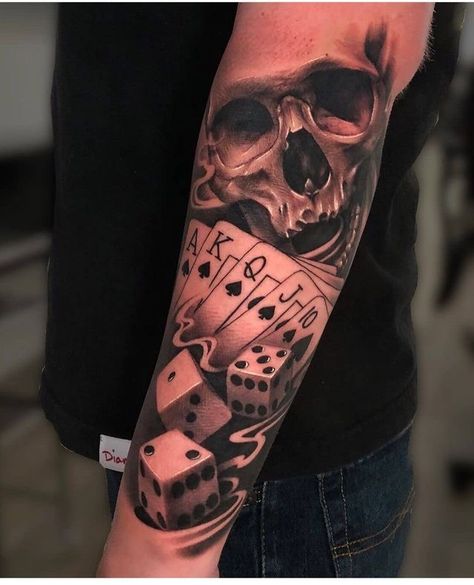 Skull And Cards Tattoo Design, Wrist Sleeve Tattoo Men, Hustle Tattoo For Men, Dice Tattoo Design, Lifes A Gamble Tattoo, Men's Tattoo Ideas, Dice Tattoos, Poker Tattoo, Ace Of Spades Tattoo